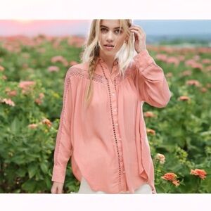 Free People Crochet Reflections & Romance Long Sleeve Blouse/Top    size Medium